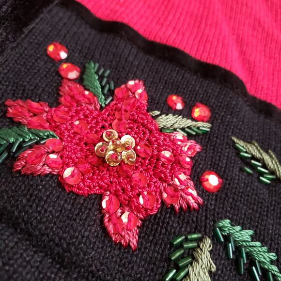 Tiara International Christmas Cardigan‎ Large Festive Red Poinsettia Embroidery - Picture 7 of 13